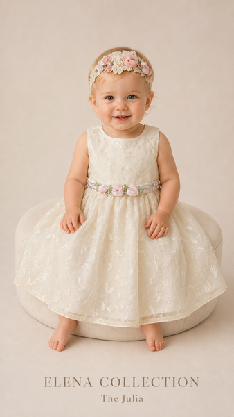 The Julia | Vintage Embroidered Organza Baby Dress & Headband