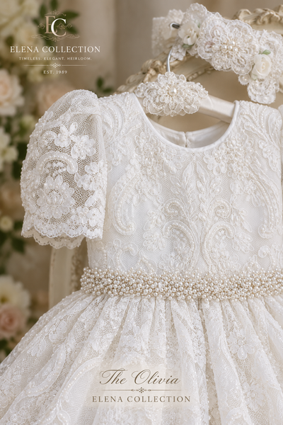 The Lorena | Hand-Beaded Corded Lace Christening Dress & Bonnet