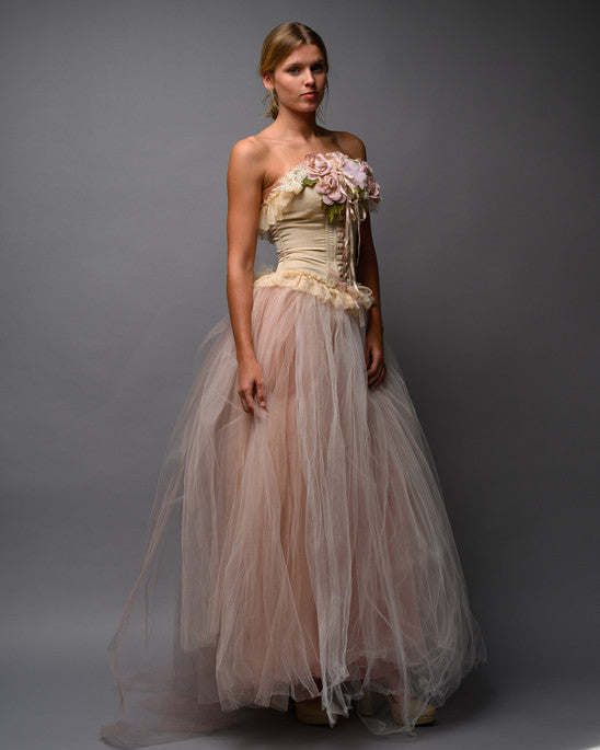 Blush Nude Couture Bridal Set – Corset Top with Detachable Tulle Skirt Train - Wearable Art