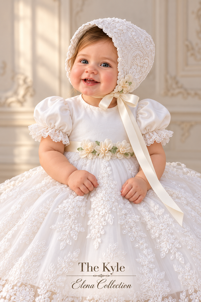 The Kyle Gown | Corded Lace and Silk Christening Ensemble