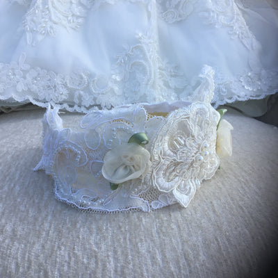 The Lorena | Hand-Beaded Corded Lace Christening Dress & Bonnet