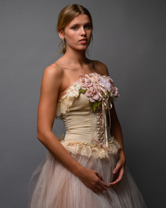 Blush Nude Couture Bridal Set – Corset Top with Detachable Tulle Skirt Train - Wearable Art