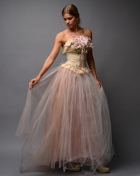 Blush Nude Couture Bridal Set – Corset Top with Detachable Tulle Skirt Train - Wearable Art