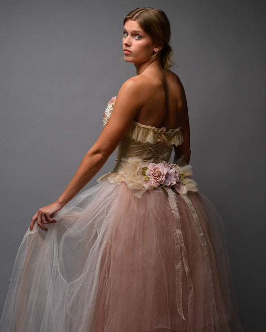 Blush Nude Couture Bridal Set – Corset Top with Detachable Tulle Skirt Train - Wearable Art