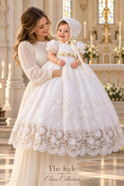 The Kyle Gown | Corded Lace and Silk Christening Ensemble
