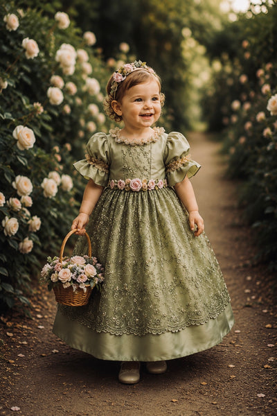 Emerald Rose Heirloom Dress | Victorian Flower Girl Dress | Elena Collection