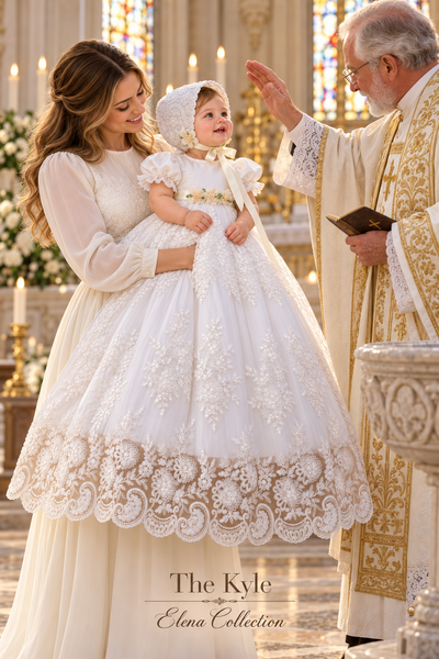 The Kyle Gown | Corded Lace and Silk Christening Ensemble