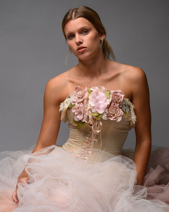 Blush Nude Couture Bridal Set – Corset Top with Detachable Tulle Skirt Train - Wearable Art