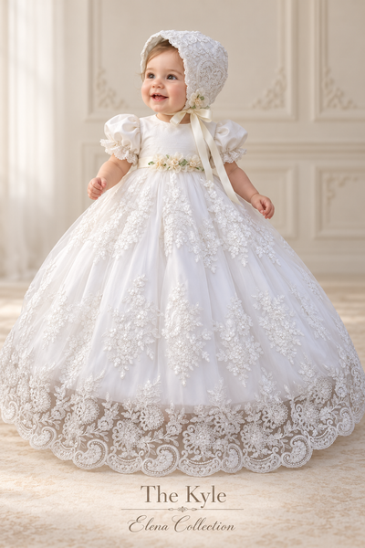 The Kyle Gown | Corded Lace and Silk Christening Ensemble