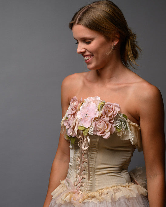 Blush Nude Couture Bridal Set – Corset Top with Detachable Tulle Skirt Train - Wearable Art
