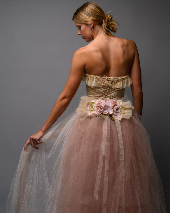 Blush Nude Couture Bridal Set – Corset Top with Detachable Tulle Skirt Train - Wearable Art