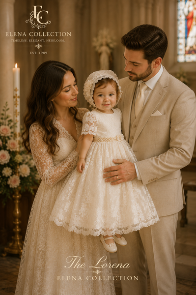 The Lorena | Hand-Beaded Corded Lace Christening Dress & Bonnet