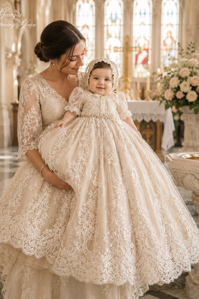Heirloom Baby Christening Gown with Bonnet | The Georgia | Elena Collection