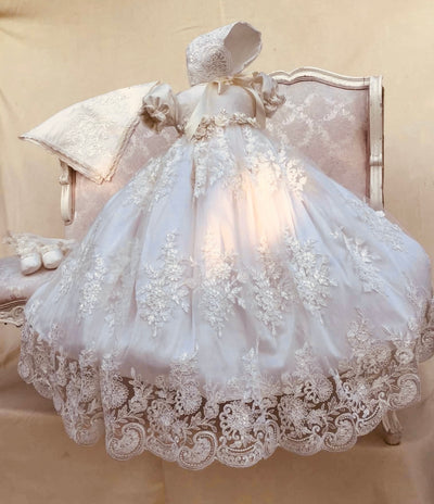 The Kyle Gown | Corded Lace and Silk Christening Ensemble