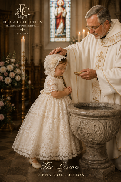 The Lorena | Hand-Beaded Corded Lace Christening Dress & Bonnet