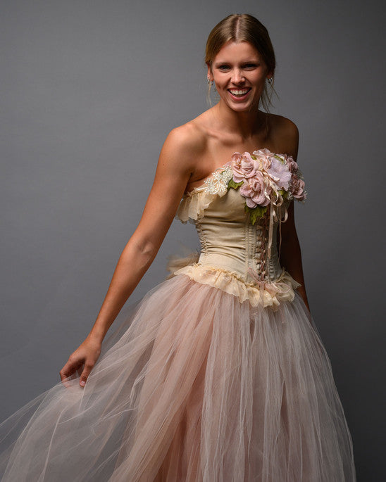 Blush Nude Couture Bridal Set – Corset Top with Detachable Tulle Skirt Train - Wearable Art