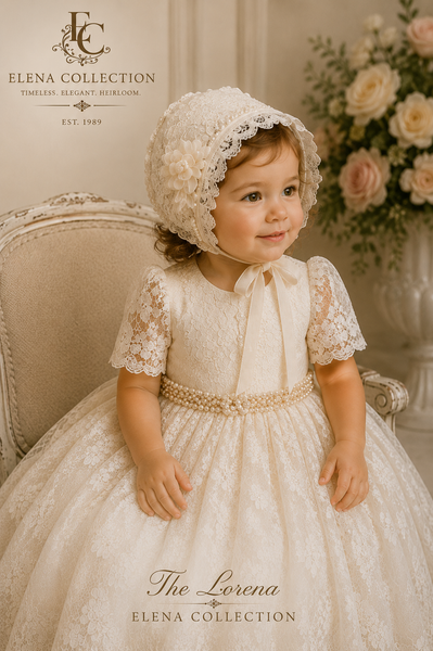 The Lorena | Hand-Beaded Corded Lace Christening Dress & Bonnet