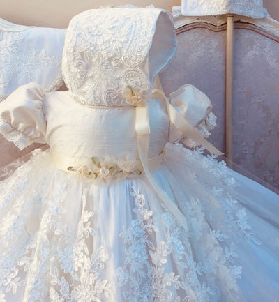 The Kyle Gown | Corded Lace and Silk Christening Ensemble