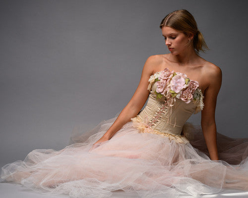 Blush Nude Couture Bridal Set – Corset Top with Detachable Tulle Skirt Train - Wearable Art