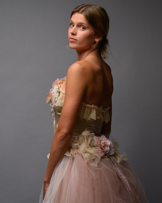 Blush Nude Couture Bridal Set – Corset Top with Detachable Tulle Skirt Train - Wearable Art