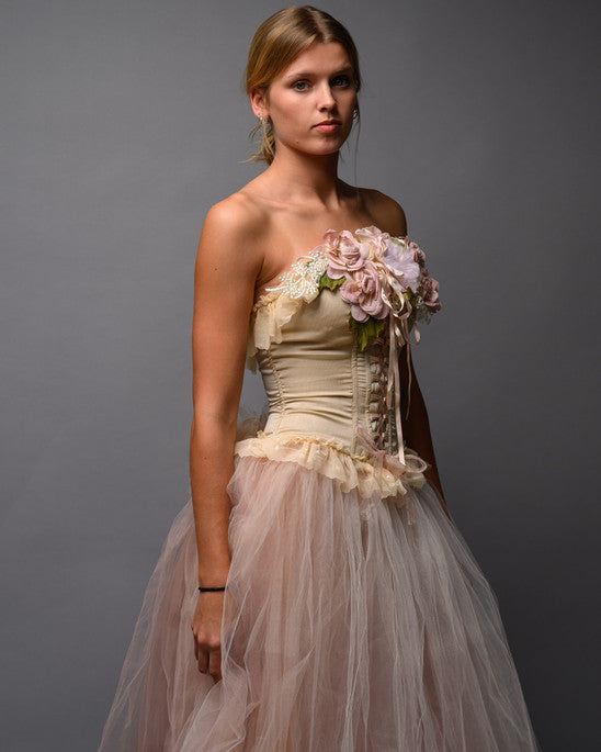 Blush Nude Couture Bridal Set – Corset Top with Detachable Tulle Skirt Train - Wearable Art