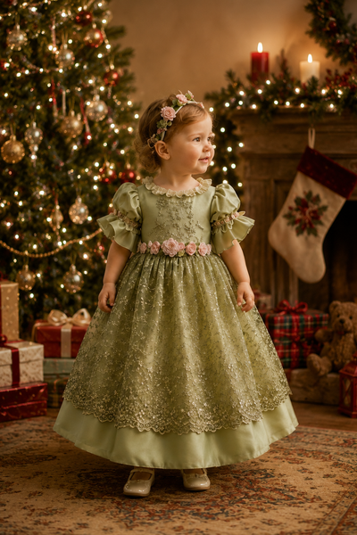 Emerald Rose Heirloom Dress | Victorian Flower Girl Dress | Elena Collection