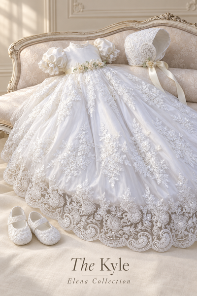 The Kyle Gown | Corded Lace and Silk Christening Ensemble