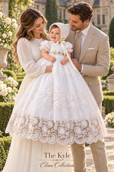 The Kyle Gown | Corded Lace and Silk Christening Ensemble