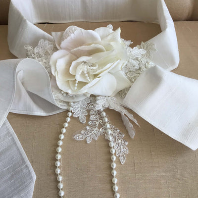 The Romantic Rose | Silk Bridal Sash & Handmade Floral Brooch