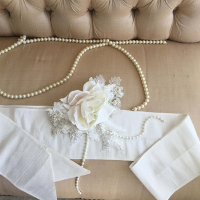 The Romantic Rose | Silk Bridal Sash & Handmade Floral Brooch