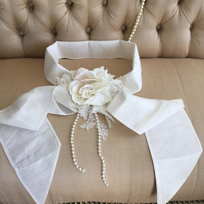 The Romantic Rose | Silk Bridal Sash & Handmade Floral Brooch