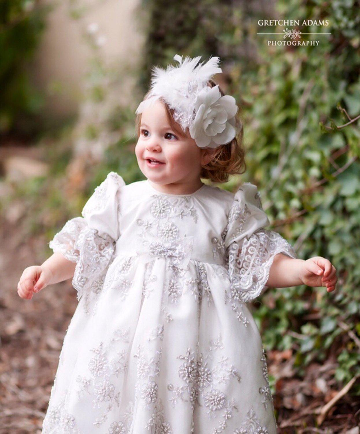 Christening toddler dress with bonnet-baptism lace dress-flower girl-bridal-Lacroix - ElenaCollection
- 1