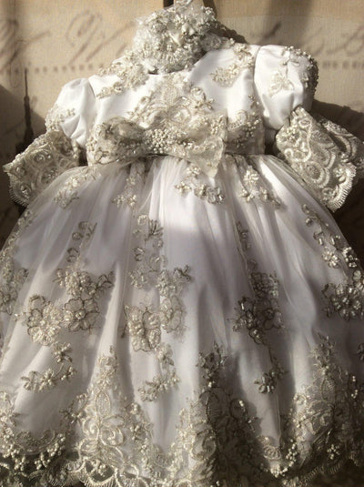 Christening toddler dress with bonnet-baptism lace dress-flower girl-bridal-Lacroix - ElenaCollection
- 2