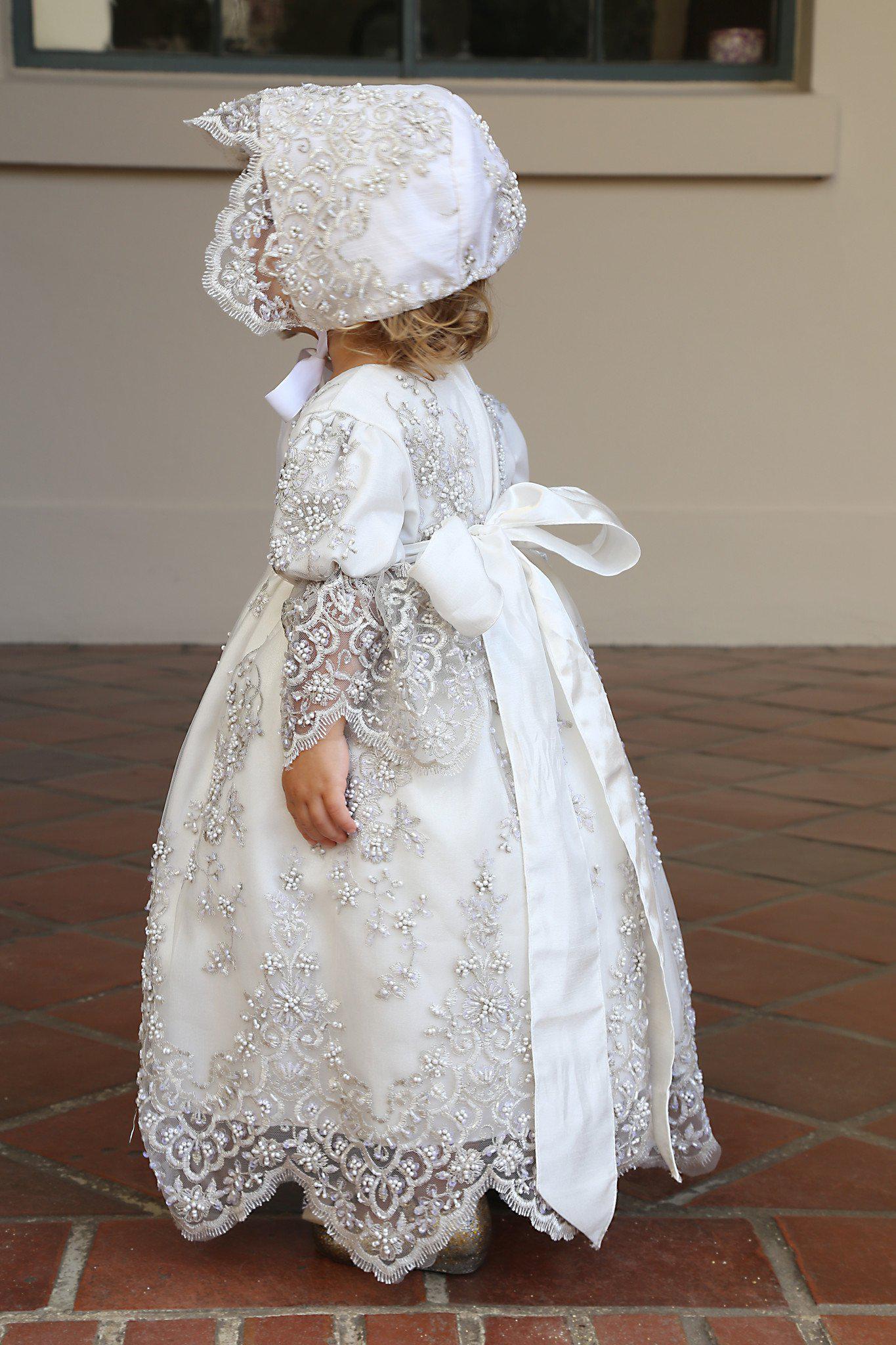 Christening toddler dress with bonnet-baptism lace dress-flower girl-bridal-Lacroix - ElenaCollection
- 7