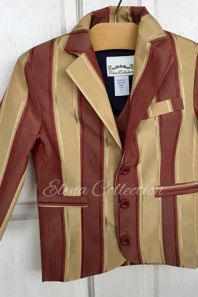 Luxury Silk Stripe Vest & Jacket Set - Dark Beige & Rust -James