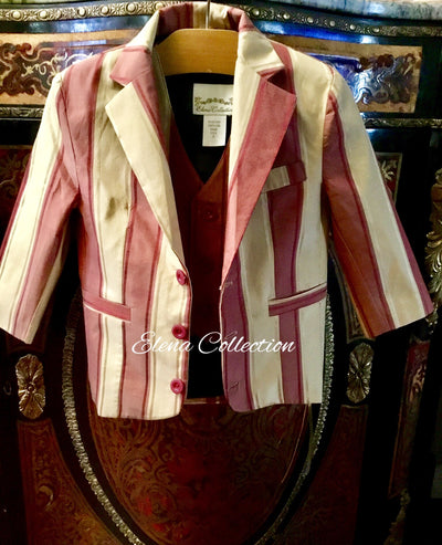 Luxury Silk Stripe Vest & Jacket Set - Dark Beige & Rust -James