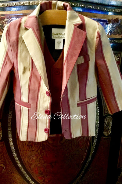 Luxury Silk Stripe Vest & Jacket Set - Dark Beige & Rust -James