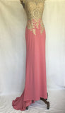 Blush Pink Evening Gown with Gold Beaded Bodice & Sheer Illusion Neckline