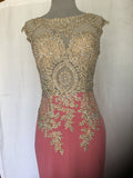 Blush Pink Evening Gown with Gold Beaded Bodice & Sheer Illusion Neckline