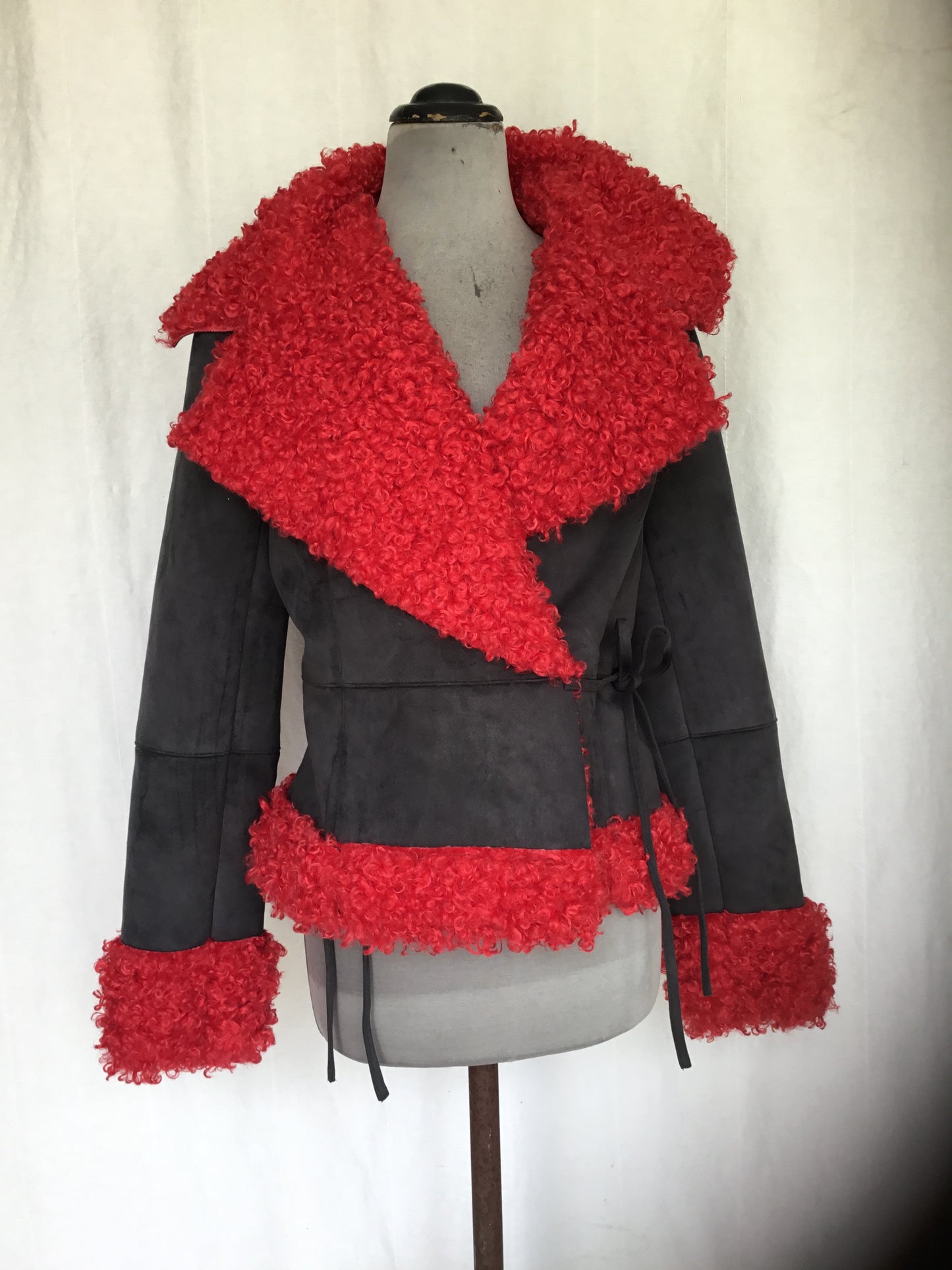 Rebel Rouge – Faux Suede Wrap Jacket with Red Shearling Trim