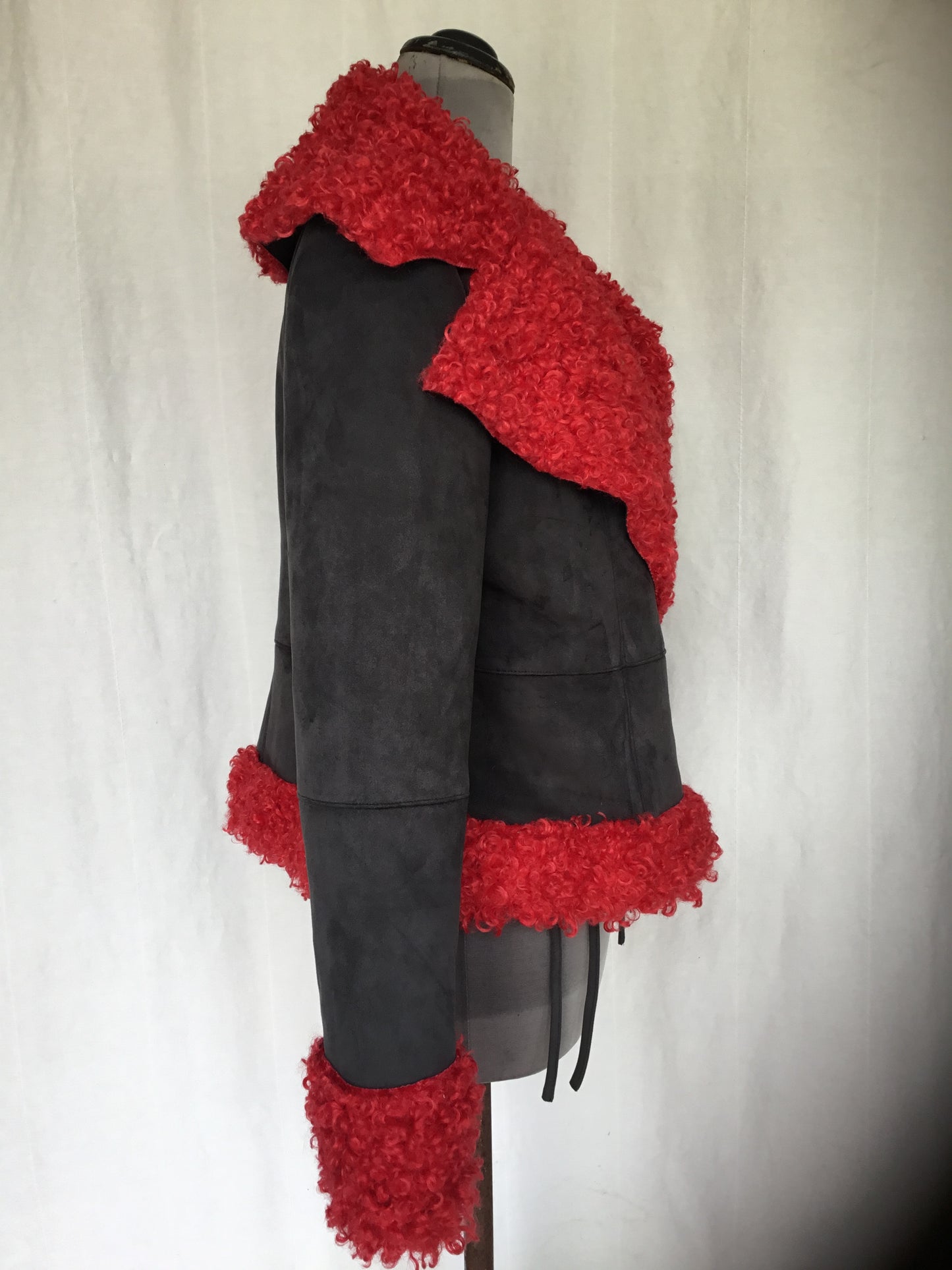 Rebel Rouge – Faux Suede Wrap Jacket with Red Shearling Trim