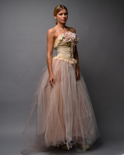 Blush Nude Couture Bridal Set – Corset Top with Detachable Tulle Skirt Train - Wearable Art