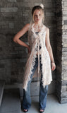 "Elegant Peach Lace Duster Vest with Tulle Ruffle and Ribbon Closure"
