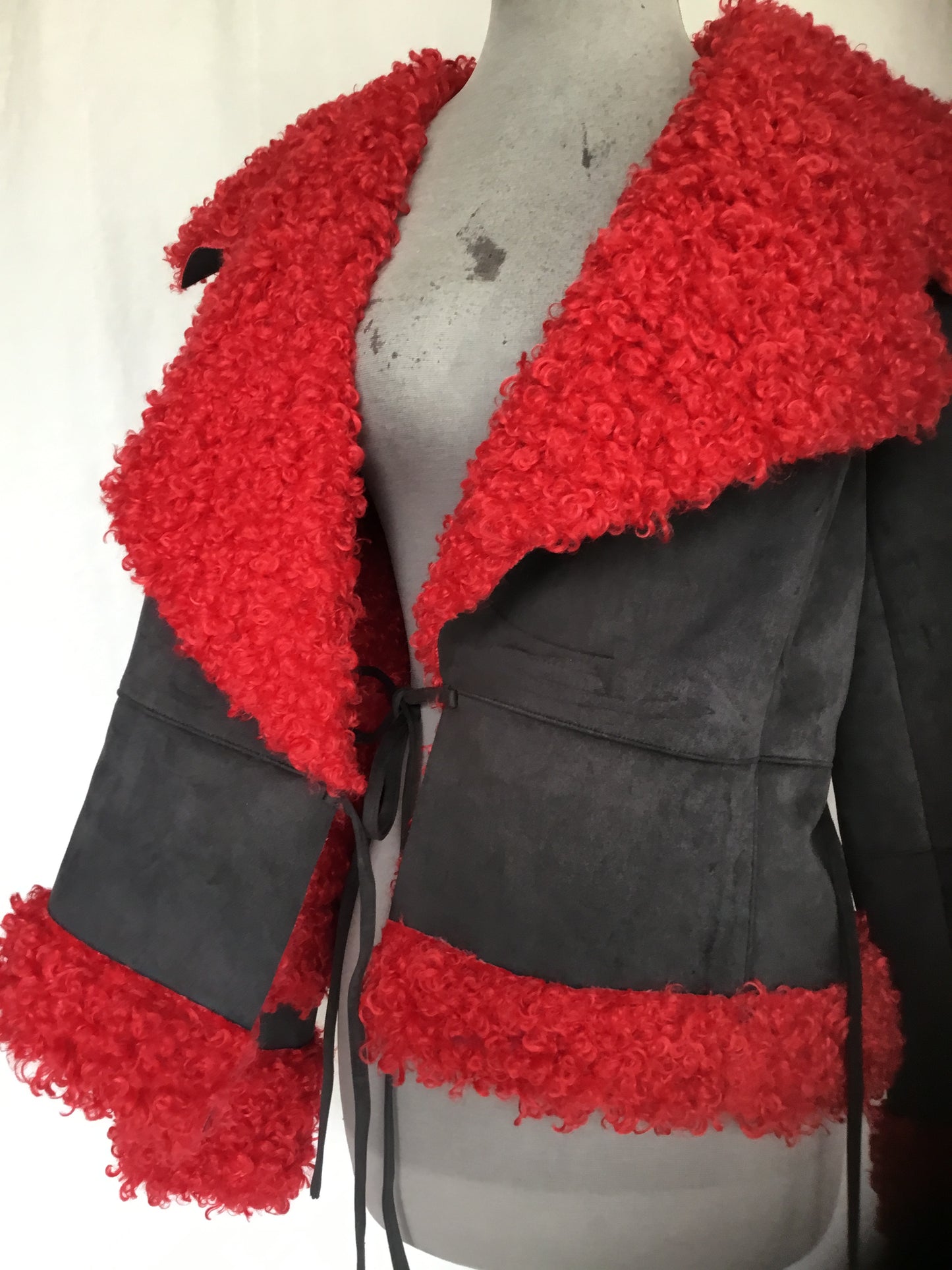 Rebel Rouge – Faux Suede Wrap Jacket with Red Shearling Trim