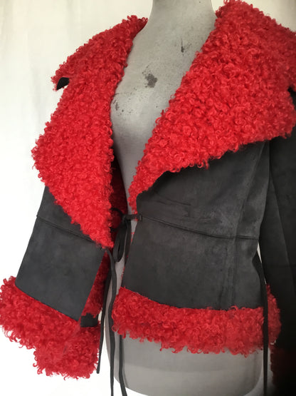 Rebel Rouge – Faux Suede Wrap Jacket with Red Shearling Trim