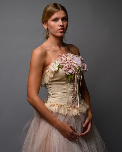 Blush Nude Couture Bridal Set – Corset Top with Detachable Tulle Skirt Train - Wearable Art