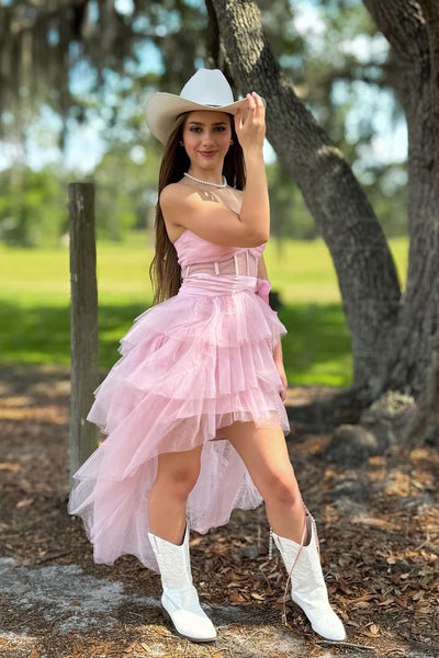 Blush Pink High-Low Prom Dress – Tulle Skirt with Handmade Floral Brooch - Vivienne