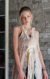 "Elegant Peach Lace Duster Vest with Tulle Ruffle and Ribbon Closure"