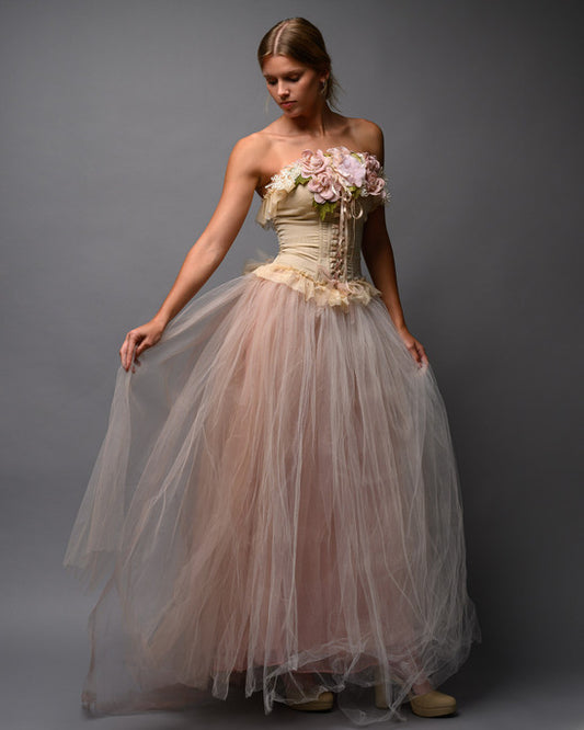 Blush Nude Couture Bridal Set – Corset Top with Detachable Tulle Skirt Train - Wearable Art