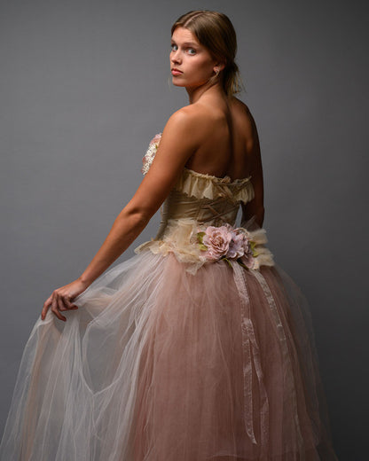 Blush Nude Couture Bridal Set – Corset Top with Detachable Tulle Skirt Train - Wearable Art